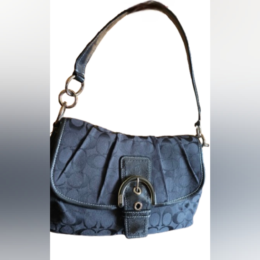 Vintage Black Coach Signature Print  Shoulder Bag with Buckle Detail F17093